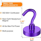 MIKEDE Magnetic Hooks, 40Lbs+ Heavy Duty Magnet Hooks for Cruise Cabins, Super Neodymium Hanging Hooks Strong Magnets with Hook for Fridge, Magnetic Hanger for Grill, Toolbox, Storage(Purple, 10 Pack)