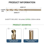 METALLIXITY Drill Bit (#45) 12Pcs, M2 High-Speed Steel Micro Number Bits Spiral Flute 135°Point Tip Gold Finish for Stainless Steel Iron Copper Aluminum Hard Metal