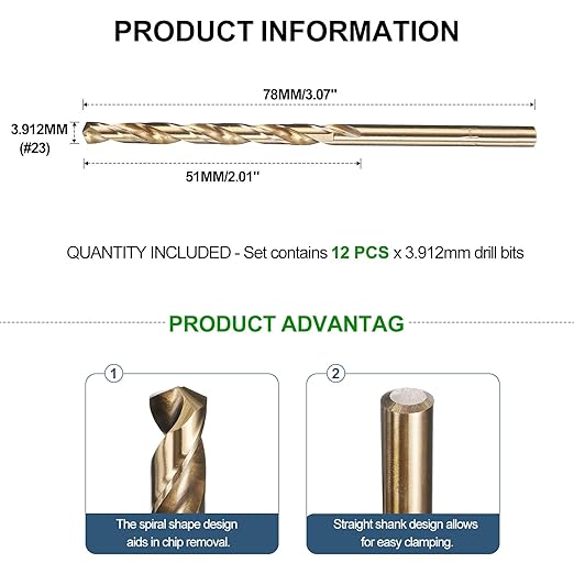 METALLIXITY Drill Bit (#23) 12Pcs, M2 High-Speed Steel Micro Number Bits Spiral Flute 135°Point Tip Gold Finish for Stainless Steel Iron Copper Aluminum Hard Metal