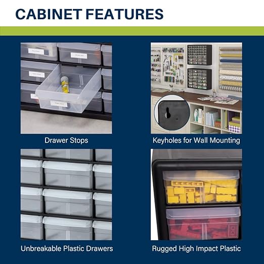 Akro-Mils 24-Drawer Plastic Drawer Storage Cabinet for Garage Organization, Bead Organizer, Building Bricks Storage, Teacher Toolbox, Makeup Organizer, 20-Inch W x 6-Inch D x 16-Inch H, 10124 White