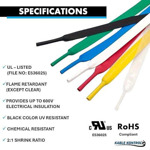 Kable Kontrol Heat Shrink Tubing - 1/16” Inch - 500' Ft Long, White Polyolefin - 2:1 Industrial Shrink Tube & Cable Sleeve for Electrical Wire Insulation - Rated for 600 V