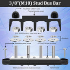 250A 12V Bus Bar Marine Power Distribution Block with Cover with 4 x 3/8”Post 3 x #8 Screws Terminals,Battery Bus Bar (Pair,Red & Black),Automotive Busbars 12 Volt for Car Boat Solar Wiring