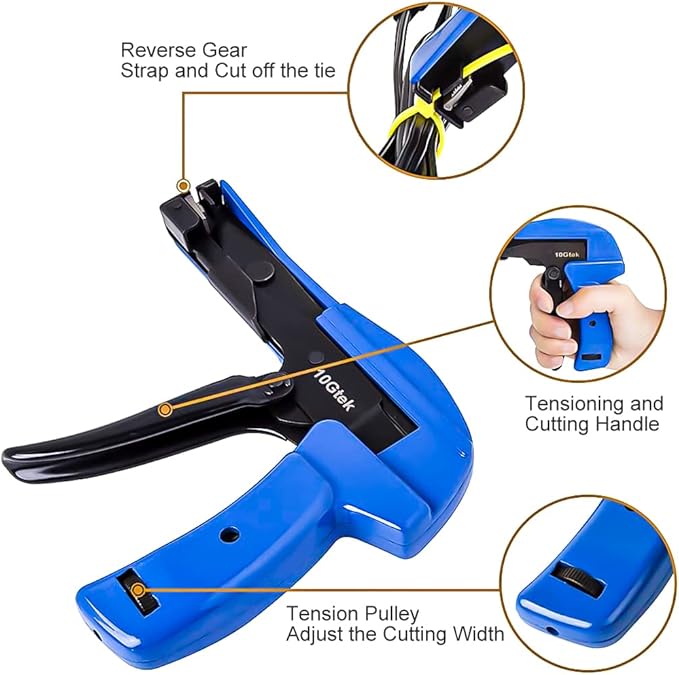 Cable Tie Gun, Fasten and Cut Zip Tie Tool with Steel Handle, for Tightening and Cutting Off Nylon Cable Tie, Plastic Zip Tie, Blue