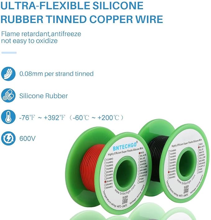 BNTECHGO 26 Gauge Silicone Wire Spool red 50ft and Black 50ft Flexible 26 AWG Stranded Tinned Copper Wire