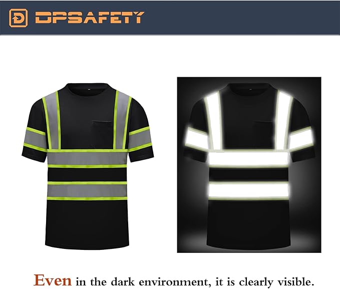 High Visibility Shirts Quick Dry Safety T Shirts with Reflective Strips and Pocket Short Sleeve Mesh Hi Vis Construction Work Class 2 Shirt for Men/Women Black,2XL