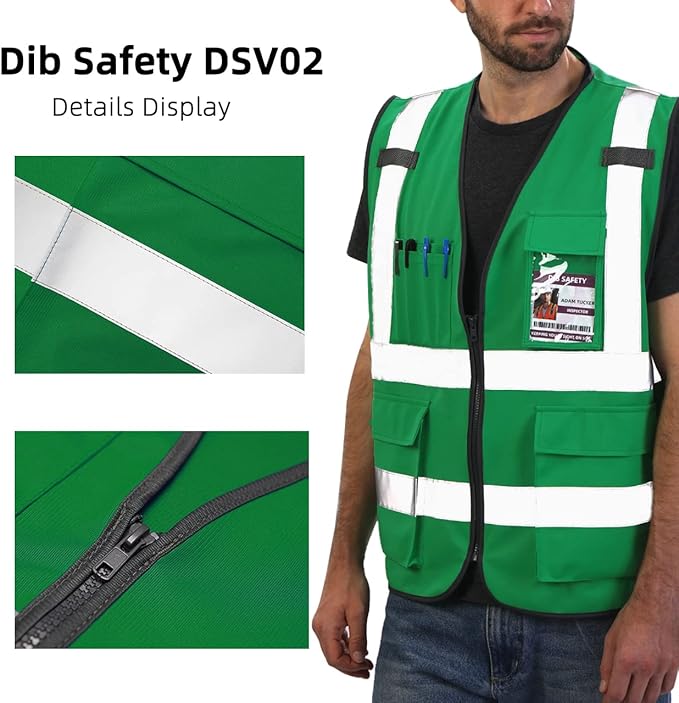 Dib Safety Reflective Vest High Visibility with Pockets and Zipper, Green 4XL