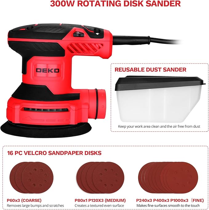 Orbital Sander Corded Hand Sander: DEKOPRO 5" Random Orbital Sander with Dust Box, 6 Various Speeds Electric Palm Sander with Dust Box, 16Pcs Sandpapers for Woodworking & Sanding (Red)
