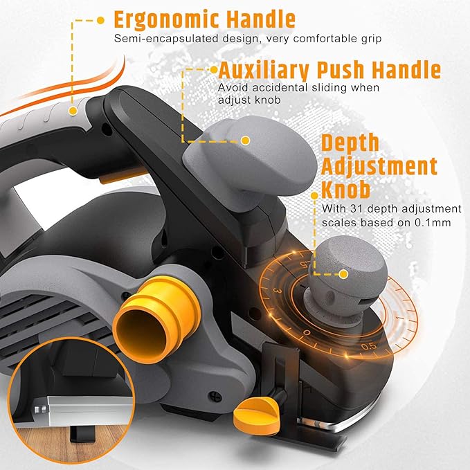 Jellas Electric Planer, 7.5-Amp 16500 Rpm Power Hand Planer, 3-1/4 Inch Cut Width, Dual-dust out System, Dual-handle Design, Blade Protector, 2 Reversible HSS Blades and 2 Carbon Brushes, EP01