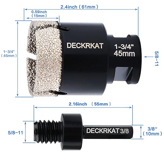Diamond Hole Saw, 1-3/4" Hole Saw for Tiles Granite Marble Ceramic Glass Porcelain, 45mm Core Drill Bit with 5/8-11 Thread and 3/8” Hex Shank Adapter for Angle Grinders & Drills
