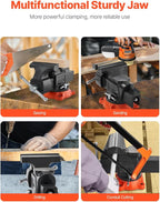 VEVOR Bench Vise, 5" Jaw Width, 5" Max Jaw Opening Multipurpose Vise with 360° Swivel Locking Base, 2.8" Throat Depth, Heavy Duty Ductile Iron Workbench Vise with Anvil, for Clamping Round Pipes