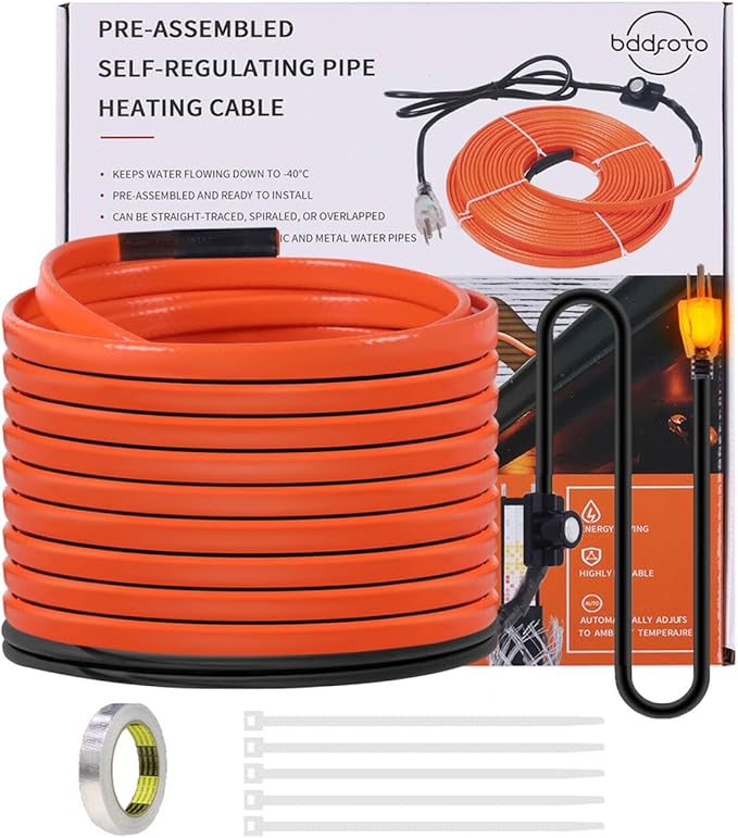 18FT Heat Tape for Water Pipes Freeze Protection IP65 Waterproof 7W/FT 110V BDDFOTO Water Pipe Heat Cable With Thermostat Self-Regulating Pipe Heater for House Garden/RV Camper