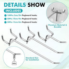 Hicarer 200 Pcs Stainless Steel Pegboard Hooks Multiple Sizes Fit 1/4" or 1/8" Pegboard Ideal for Garage Tool Organization, Wall Storage(2 Inch, 4 Inch, 6 Inch)