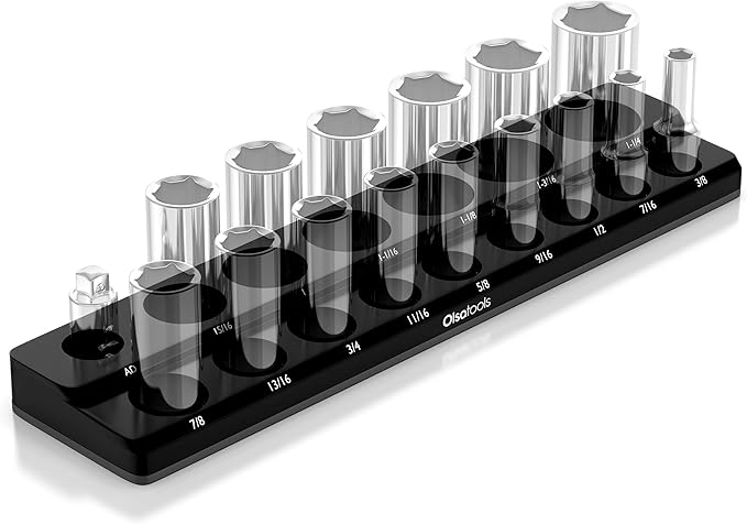Olsa Tools Magnetic Socket Organizer | 1/2-Inch Drive | SAE | Black | Holds 16 Sockets | Professional Quality Tools Organizer