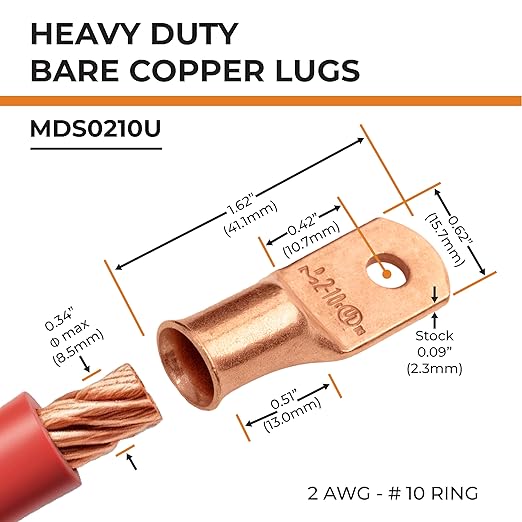 SELTERM 2pcs 2 AWG #10 Stud Copper Wire Lugs, Battery Lugs, Ring Terminals, Battery Cable Ends, 2 Gauge Ring Terminal Connectors, UL Heavy Duty Bare Copper Eyelets Battery Terminal Connectors