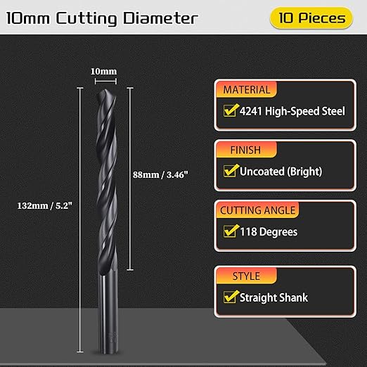 Drill Bit, 10mm Cutting Diameter, 4241 HSS Nitriding Black 118° Cutting Angle Versatile Jobber Bits - (Applications: for Drilling Plastic Wood Soft Metal), 10-Pieces