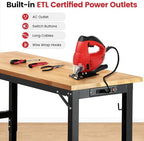 Workbench for Garage Adjustable Height 60 x 22 Inch Work Table with Wheels Heavy Duty Rubberwood Tabletop Workbench with Pegboard, Power Outlets for Woodworking Shop, Home, Office