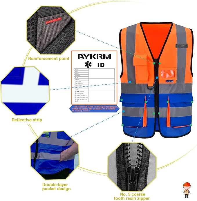 Orange Blue 4XL 5XL High Visibility REFLECTIVE WORK Safety Vest with zipper Reflective Strips 7 Pockets