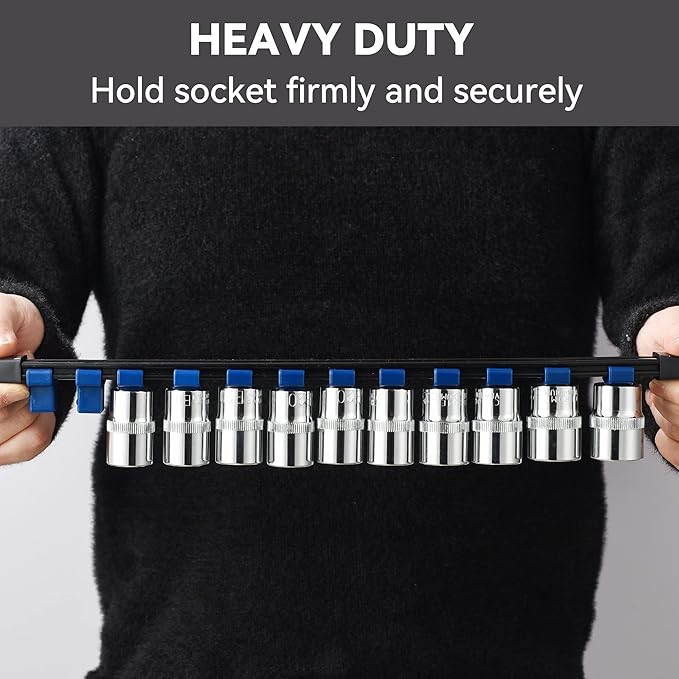 ALOANES 9 PC ABS Socket Organizer, 1/2 inch, 3/8 inch and 1/4 inch Drive Socket Rail Holders, Heavy Duty Socket Racks, Black Rails with Blue Clips