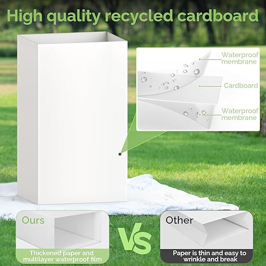16 Pack Disposable Trash Cans for Parties, 13 Gallon Large Collapsible Garbage Cans, Thick Recycled Cardboard Reusable Recycling Bins for Party Events Camping (13" L x 10" W x 21" H), White