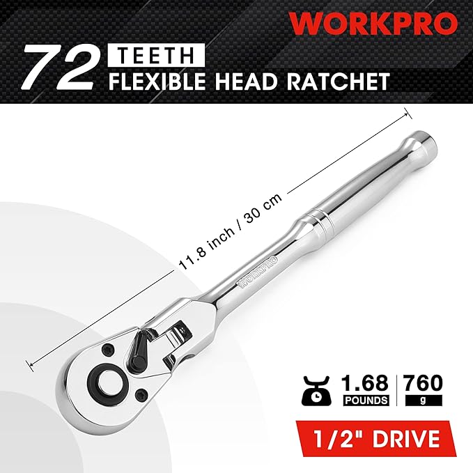WORKPRO 1/2" Drive Flex Head Ratchet 72-Tooth Ratchet Flex Head with Chromium Plating Quick Release Reversible Design, 5 Degree Swing