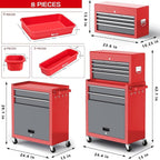 Tool Chest 8-Drawer | 42'' Large Rolling Tool Chest with Wheels | Detachable Top Metal Tool Box | Garage Storage Cabinet for Repair Room,Warehouse | Rolling Tool Box with Hooks,Liners,Tray Divider
