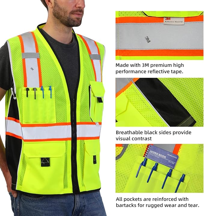 Dib Safety Vest Reflective Yellow Mesh, High Visibility Vest with Pockets and Zipper, ANSI Class 2 Heavy Duty, Made with 3M Reflective Tape 3XL