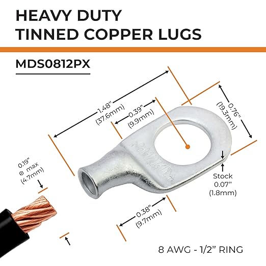 SELTERM 2pcs 8 AWG 1/2" Stud Tinned Copper Wire Lugs, Battery Cable Ends, Ring Terminals, 8 Gauge Terminal Connectors, UL Marine Grade Electrical Connectors