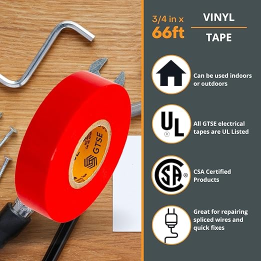GTSE Red Electrical Tape, 3-Pack – Waterproof, Industrial Grade Vinyl, 3/4 in x 66ft– Strong Self-Adhesive PVC Electric Tape for Wire Insulation, 7 Mil, 600V – UL/CSA Listed