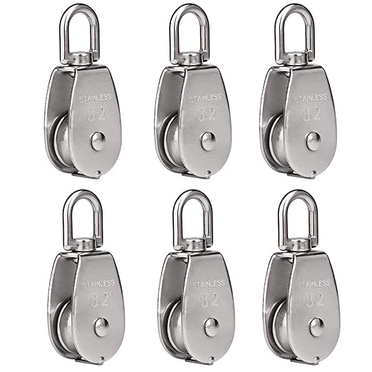 Rocaris 6 Pack M32 Stainless Steel Wire Rope Crane Pulley Block 551lbs Lifting Crane Swivel Hook Single Pulley Block Hanging Wire Towing Wheel