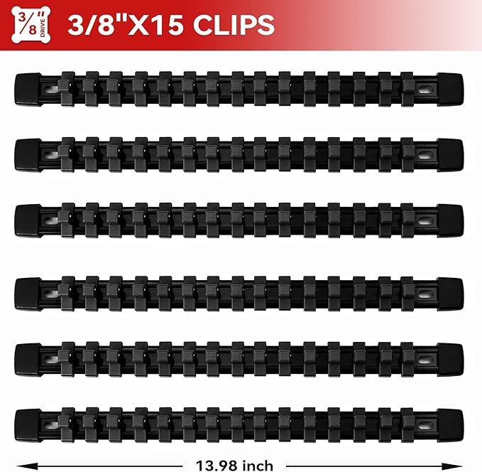 ALOANES 6 PC ABS Socket Organizer, 3/8 inch, Drive Socket Rail Holders, Heavy Duty Socket Racks, Black Rails with Black Clips