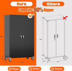 72" H Wide and Deep Garage Storage Cabinet with Wheels & Pegboard, Large Locking Metal Storage Cabinet with 2 Doors and 4 Adjustable Shelves for Garage, Home, Assembly Required, Black