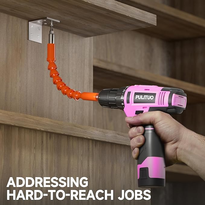 PULITUO 12V Pink Cordless Drill Set Power Drill Kit with Battery and Charger,electric drill home improvement,3/8-Inch Keyless Chuck,Built-in LED,21+1 Torque Setting small drill