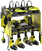 CCCEI Set Power Tool Organizer Wall Mount with Charging Station. Garage 4 Drill Storage Shelf with Hooks, Heavy Duty Metal Tool Battery Charger Organizer. Shop Utility Rack with Power Strip Green.