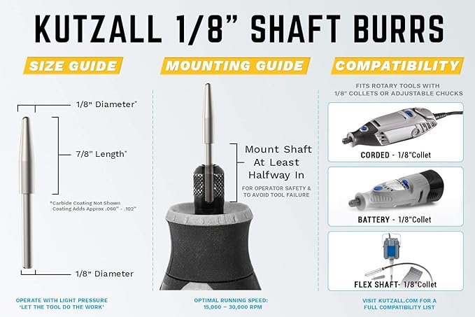 Kutzall Original Taper Rotary Burr, 1⁄8" Shaft, Fine -Wood Carving Bit for Dremel, Foredom, DeWalt, Milwaukee. Abrasive Tungsten Carbide, 1⁄8" (3.1mm) Head Dia. X 7⁄8" (22.2mm) Length, T-18-EG