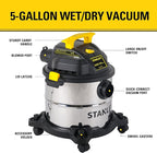 STANLEY Wet Dry Vac, 5 Gallon Portable Shop Vacuum Wet/Dry, 4 Horsepower, Stainless Steel Tank, 4.0 HP, Silver+Yellow, SL18115