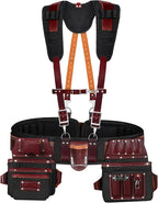 FUERI Tool Belt With Suspender Men Carpenter Pouches Construction Bags Electrician Belts Framer Worker Pouch Bag Holder Organizer 26 Pocket Nylon Leather Maroon Professional Set - Extra Large