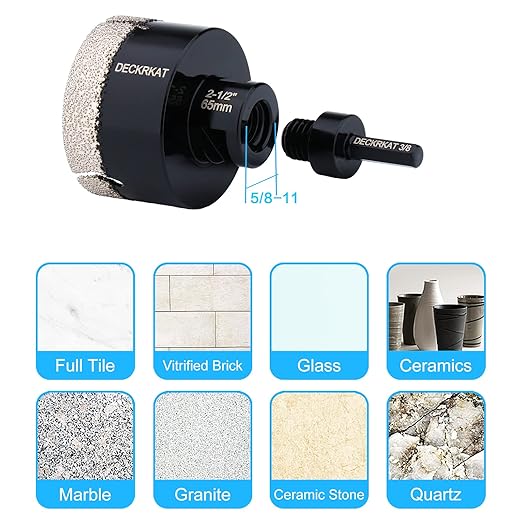 Diamond Hole Saw, 2-1/2" Hole Saw for Tiles Granite Marble Ceramic Glass Porcelain, 65mm Core Drill Bit with 5/8-11 Thread and 3/8” Hex Shank Adapter for Angle Grinders & Drills
