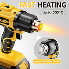 Cordless Heat Gun, 300℃-550℃ Fast Heating Gun Kit, 2 Temperature Setting Cordless Heater, Hot Air Gun with 2*4.0Ah Batteries & 5 Types Nozzles, Heat Guns for Shrink Tubing, Crafting (Yellow)