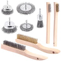 Glarks 9Pcs Wire Scratch Brush Set, Including 5Pcs Wire Wheel Cup Brushes, 4Pcs Carbon Steel/Brass Steel/Copper/Stainless Steel Wire Brushes with Wood Handle Curved Grip