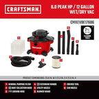 CRAFTSMAN CMXEVBE17606 12 Gallon 6.0 Peak HP Wet Dry Vac with Detachable Leaf Blower, Portable Shop Vacuum Wet and Dry with Filter, Dust Bags, Hose and Attachments for Garage, Outdoor Cleaning
