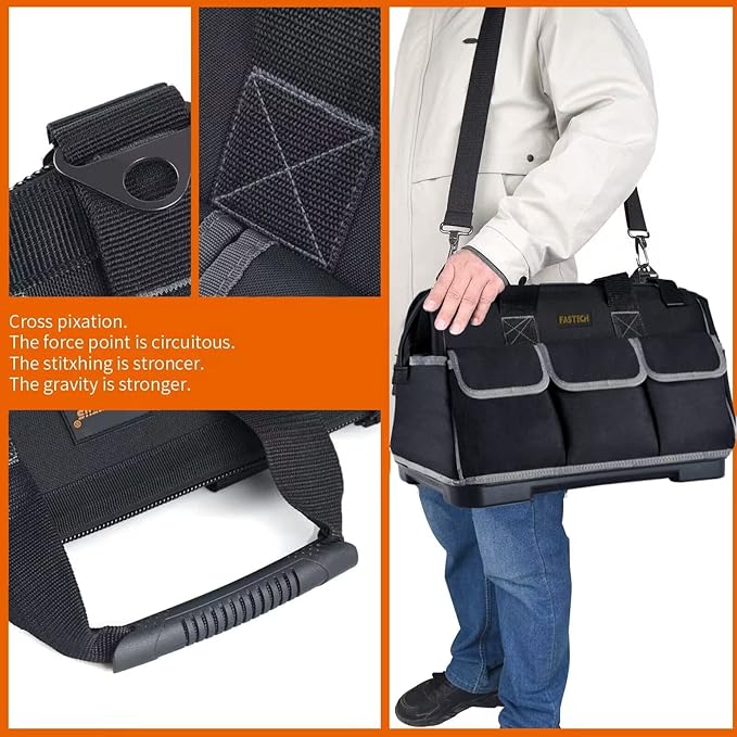 22-inch Wide Mouth Tool Bag with Water Proof Molded Base, Waterproof Tool Organizer Bag for Men with Adjustable Shoulder Strap (22INCH)