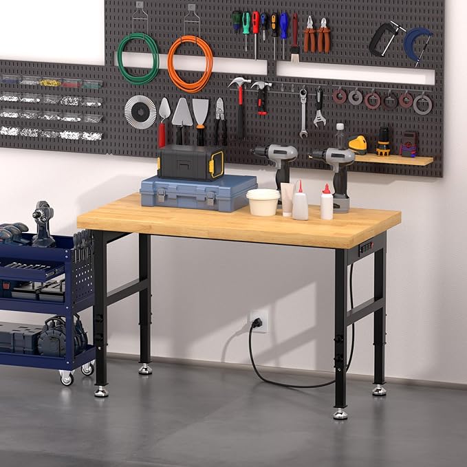 48" Work Bench, Adjustable Height Workbench with Rubber Pad, Heavy-Duty Work Table with Power Outlets, 2000 LBS Capacity Workstation for Garage, Workshop, Office, Home
