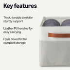 Amazon Basics Collapsible Storage Bins with Leather Handles, Linen, Large, Pack of 3