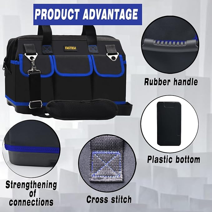 20 Inch Tool Bag, Waterproof Wide Mouth Tool Kit, Heavy Duty Tool Bag Organizer With Shoulder Straps and Molded Base, Tool Storage Package For Screwdrivers, Pliers, Nut Drivers (Blue20IN)