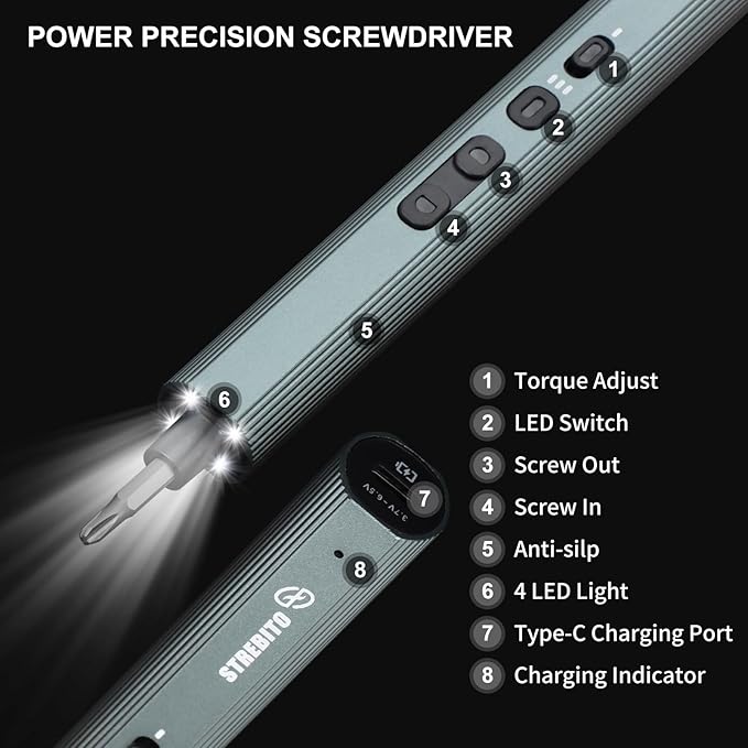 STREBITO Mini Electric Screwdriver, 155 in 1 Electric Precision Screwdriver Set with 140 S2 Magnetic Bits, Max 5 N.m, 650mAh Battery, Small Power Screwdriver Electronic Repair Tool Kit for Computer RC