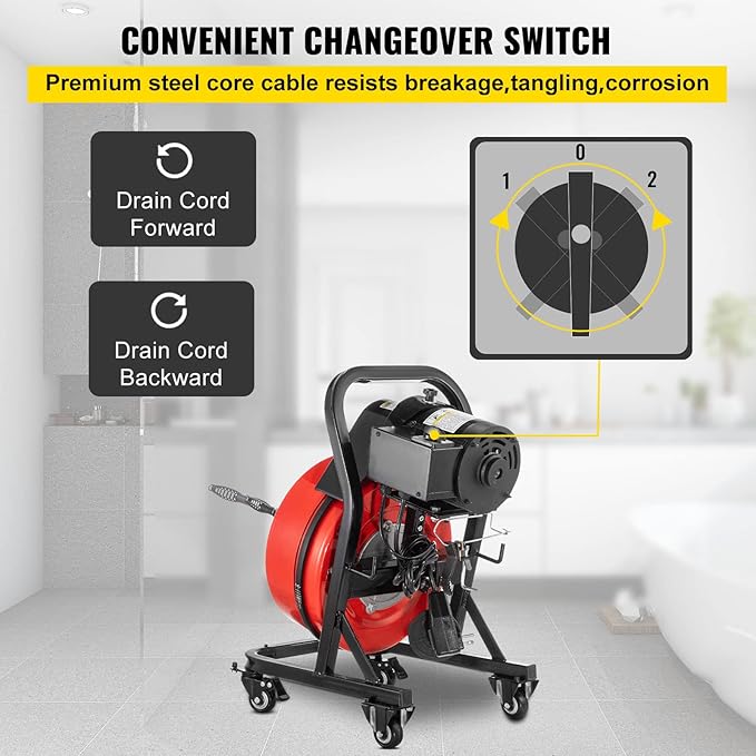 VEVOR 50FT x 1/2Inch Sewer Snake Cleaning Machine on 4 Wheels Electri Drain Auger with 4 Cutters & Foot Switch for 1''-4'' Pipes, Red, Black