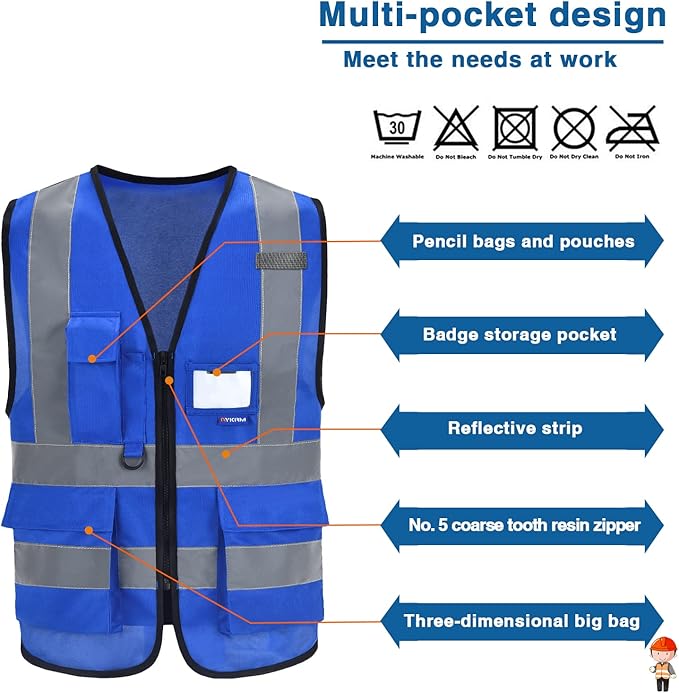 A-SAFETY Blue Safety Vest Reflective Work Vest,Hi Vis Bright Neon Color with 4 Reflective Strips 7 Pockets,Small