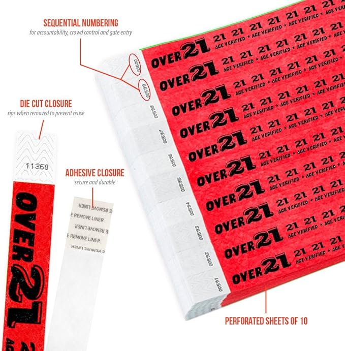 200 WristCo Over 21 Neon Red Tyvek Wristbands for Events - ¾” x 10” - Waterproof Recyclable Comfortable Tear Resistant Paper Bracelets Wrist Bands for Concerts Festivals Admission Party