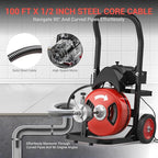 Drain Cleaning Machine 100Ft 1/2 Inch Cable, 450W Auto Feed Portable Electric Sewer Snake, Electric Drain Auger with 6 Cutter Air-Activated Foot Switch for 2" to 4" Pipes