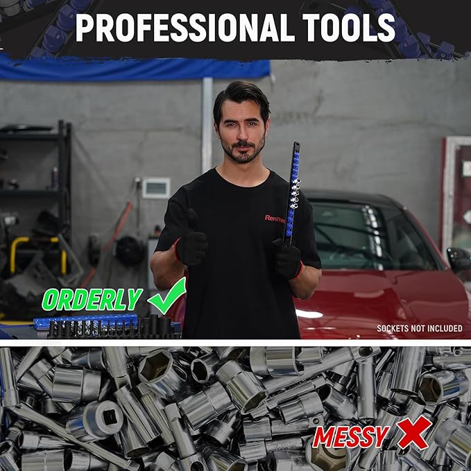 Magnetic Socket Organizer, 3-Piece Heavty Duty ABS Socket Holder, Socket Rail for Tool Box, Premium Quality 360° Swivel Socket Rack with 40 Clips for 1/2, 3/8, 1/4-Inch(Blue)